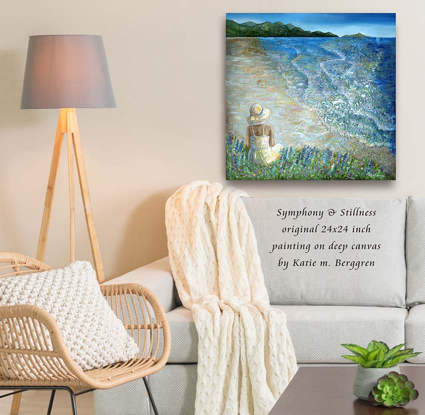 woman overlooking the ocean painting, solitude and peace artwork, back view woman painting, back of woman at ocean, back of girl on the beach , original paintings of women, original art for beach house wall decor