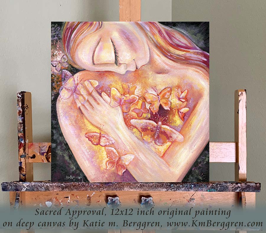 painting of woman with butterflies in her heart, self love artwork, painting of woman with pink hair, pink and yellow butterflies, orange butterfly artwork, painting of self love, painting for strong woman, self-healing artwork, art therapy for women, original painting by kmberggren 