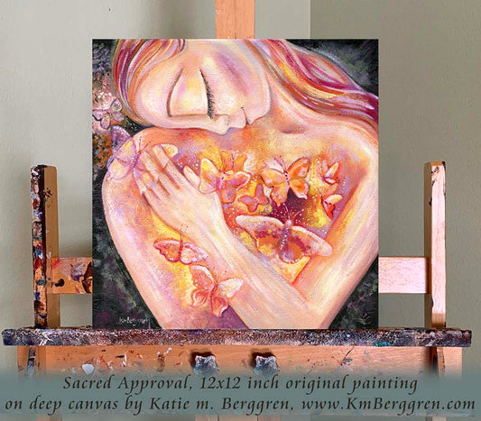 painting of woman with butterflies in her heart, self love artwork, painting of woman with pink hair, pink and yellow butterflies, orange butterfly artwork, painting of self love, painting for strong woman, self-healing artwork, art therapy for women, original painting by kmberggren 
