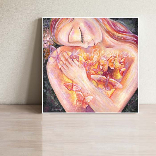 painting of woman with butterflies in her heart, self love artwork, painting of woman with pink hair, pink and yellow butterflies, orange butterfly artwork, painting of self love, painting for strong woman, self-healing artwork, art therapy for women