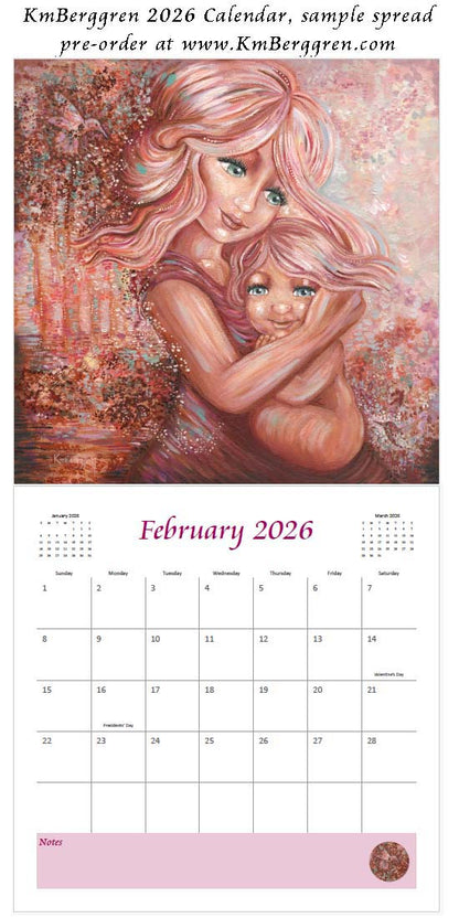 art calendar 2026, km berggren art calendar, mother child calendar, calendar for moms, planner for moms, keepsake calendar, collectible calendar, mom and baby art, calendar for families, calendar for mothers, new baby calendar, new baby gift, new mom gift, push gift artwork, family of 5 painting, mother and two kids, 2 kids artwork, mom and babies painting, paintings of women, art for women