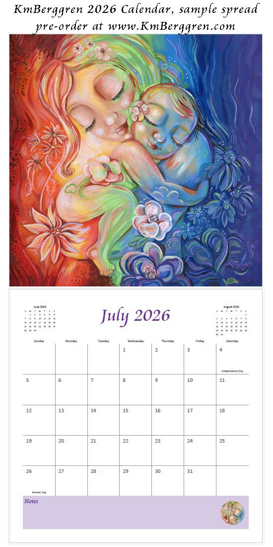 art calendar 2026, km berggren art calendar, mother child calendar, calendar for moms, planner for moms, keepsake calendar, collectible calendar, mom and baby art, calendar for families, calendar for mothers, new baby calendar, new baby gift, new mom gift, push gift artwork, family of 5 painting, mother and two kids, 2 kids artwork, mom and babies painting, paintings of women, art for women
