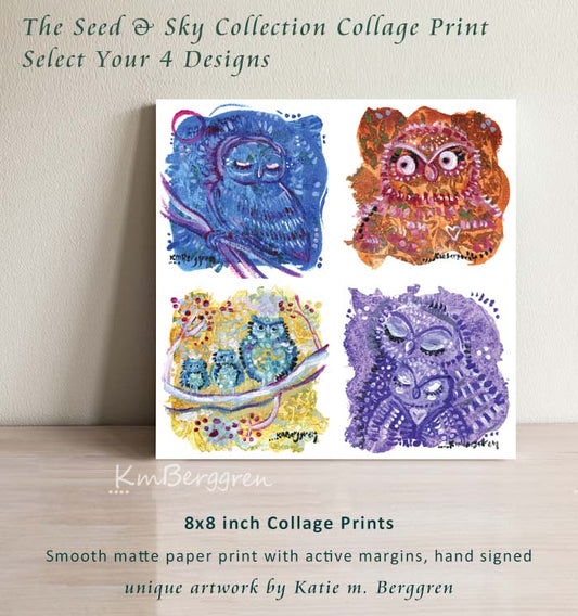 bold vivid paintings of owls, owl art with attitude, sleeping owls art, paintings of owls, mini prints of painted owls, hand-painted owls, collage print of owls, kmberggren, kimberggren, km berggren, kim berggren, paintings with pattern, patterned art print, animal art prints, bird pattern art prints