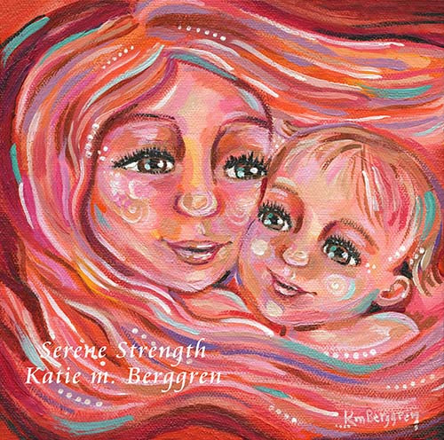 An intimate face to face pink painting of mother with her baby, brown eyed mother & baby with warm peace, orange and pink background. Deep canvas, ready to hang