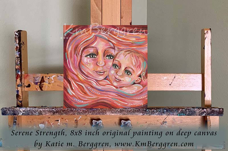 An intimate face to face pink painting of mother with her baby, brown eyed mother & baby with warm peace, orange and pink background. Deep canvas, ready to hang.