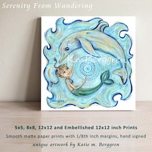 little girl mermaid swimming with a dolphin art print in turquoise colors by KmBerggren, swim with dolphins wall decor, nature-lover art, gifts for girl who loves dolphins and whales