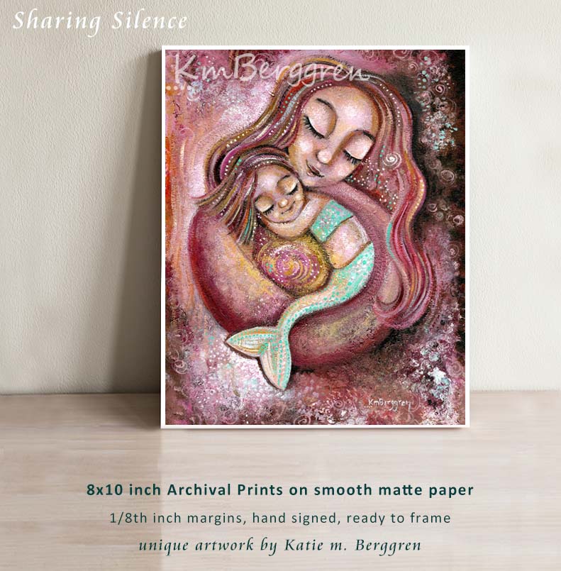 frameable art print, wall decor of pink hugging Mother & Daughter Mermaids Artwork by KmBerggren