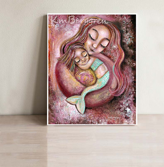 frameable art print, wall decor of pink hugging Mother & Daughter Mermaids Artwork by KmBerggren