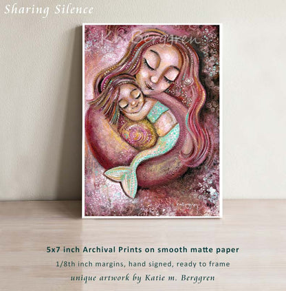 frameable art print, wall decor of pink hugging Mother & Daughter Mermaids Artwork by KmBerggren