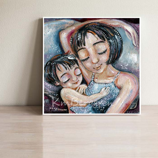 black haired short hair mom with black haired child with short hair, sleeping with toddler, sleep with baby, intimate tender soft pastel paintings of motherhood love by kmberggren