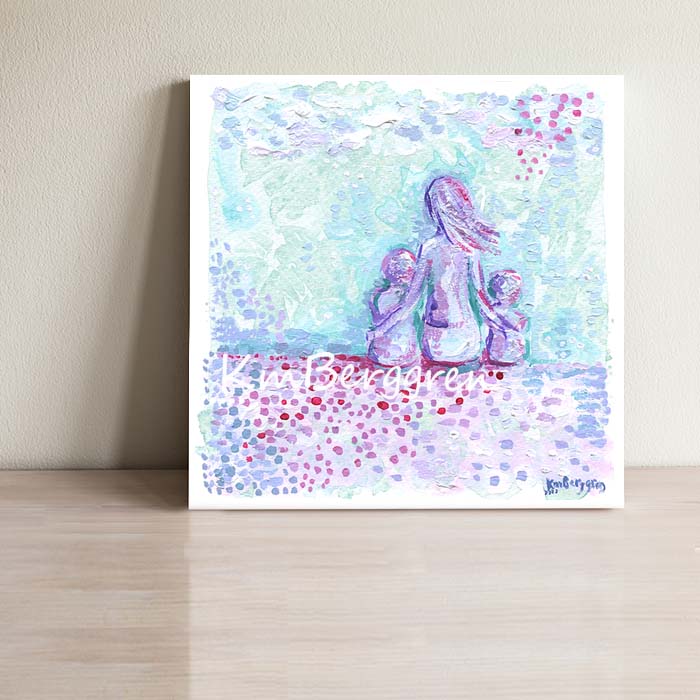 mother and two children on the beach art, coast artwork, paintings of the beach with family, mom and kids on beach art, kids at beach painting, peaceful art for mom, turquoise and purple painting, aqua and purple wall decor