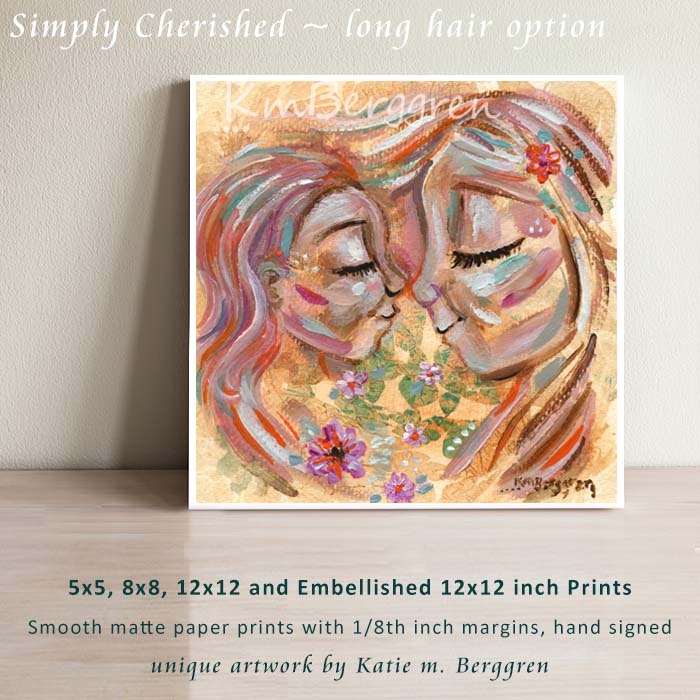 mother and daughter flowers portrait, portrait of mom and child nose to nose with flowers, blonde mother artwork, wall decor for child's room, sunny artwork, happy painting of mother and child, flowers in hair artwork