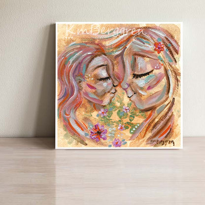 mother and daughter flowers portrait, portrait of mom and child nose to nose with flowers, blonde mother artwork, wall decor for child's room, sunny artwork, happy painting of mother and child, flowers in hair artwork