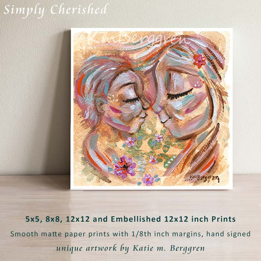 mother and son flowers portrait, portrait of mom and child nose to nose with flowers, blonde mother artwork, wall decor for child's room, sunny artwork, happy painting of mother and child, flowers in hair artwork