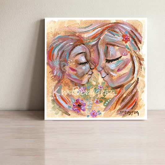 mother and son flowers portrait, portrait of mom and child nose to nose with flowers, blonde mother artwork, wall decor for child's room, sunny artwork, happy painting of mother and child, flowers in hair artwork