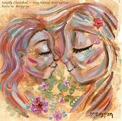 mother and daughter flowers portrait, portrait of mom and child nose to nose with flowers, blonde mother artwork, wall decor for child's room, sunny artwork, happy painting of mother and child, flowers in hair artwork