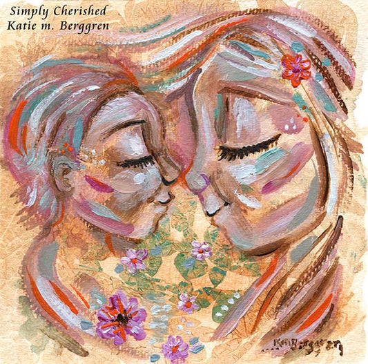 mother and son flowers portrait, portrait of mom and child nose to nose with flowers, blonde mother artwork, wall decor for child's room, sunny artwork, happy painting of mother and child, flowers in hair artwork