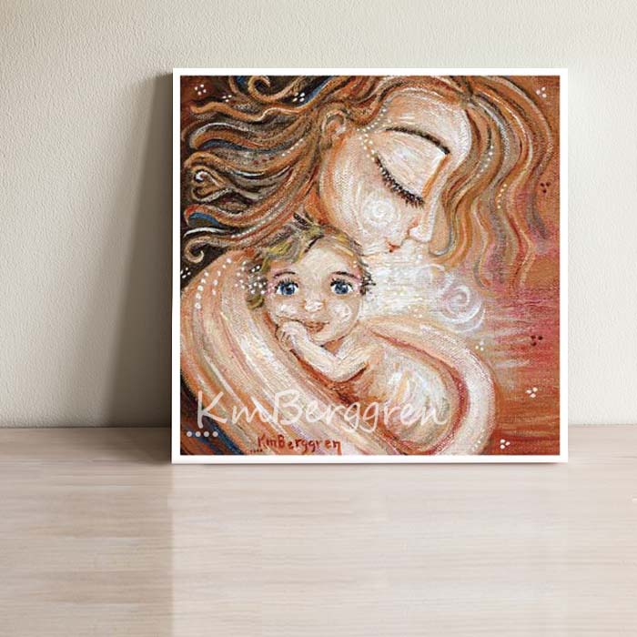 mother with red hair and blonde child skin to skin art print by KmBerggren