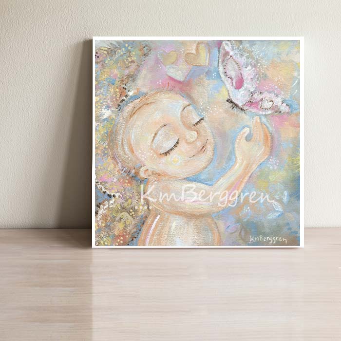 angel child art in soft pastels with big pink butterfly by KmBerggren