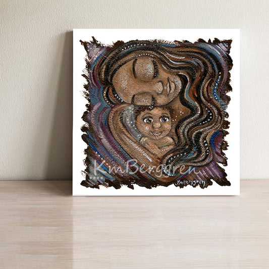 Gorgeous Warm Black Mom & Baby Artwork, long dark hair, child with brown afro, kmberggren, brown skin family