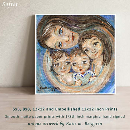 art print of mother with three children and heart in blue by KmBerggren