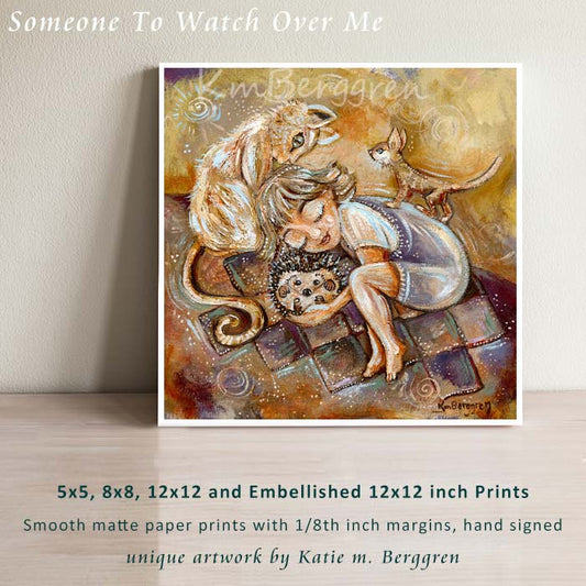 warm comforting artwork, yellow art print of child with hedgehog and cats by KmBerggren, nature wall decor,  cats and kittens with short-haired child