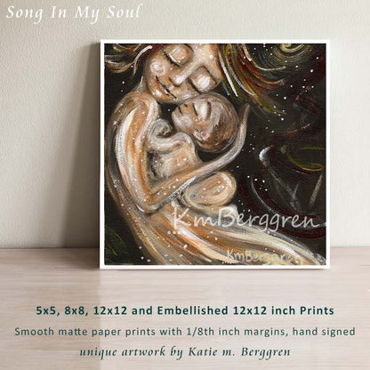 neutral toned artwork of naked mother dancing with naked child by KmBerggren, mother and one baby skin to skin intimate artwork, art print of woman with new baby, new baby gift, baby shower gift for mother with infant son, short haired mom, nude mom with naked baby