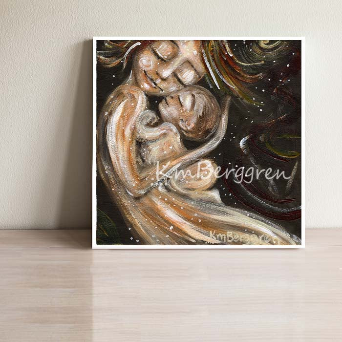 neutral toned artwork of naked mother dancing with naked child by KmBerggren, mother and one baby skin to skin intimate artwork, art print of woman with new baby, new baby gift, baby shower gift for mother with infant son, short haired mom, nude mom with naked baby