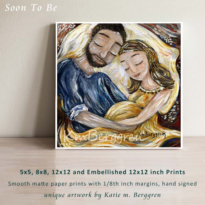 art print of father with facial hair and blonde expectant mother with gold dress by KmBerggren