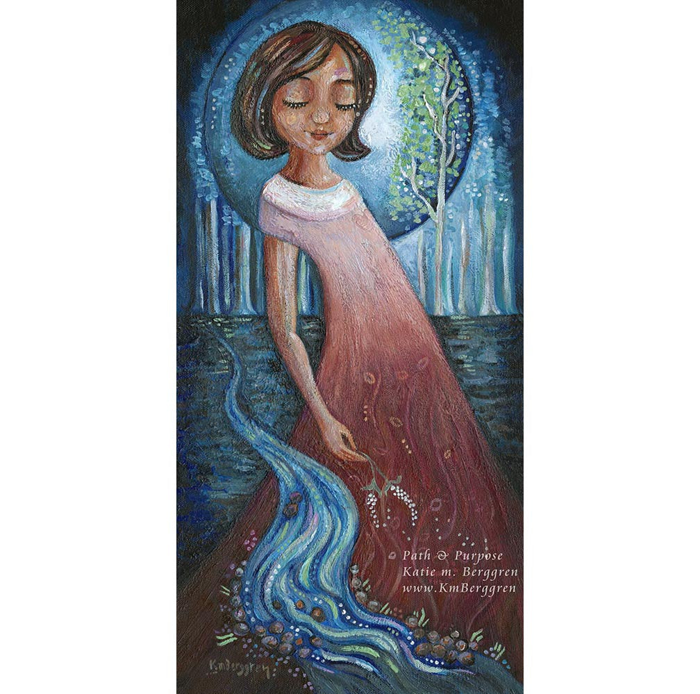 short dark haired woman with stream in the woods, river in the woods art, moon and trees art, woman with moon and forest trees painting, midnight art, moonlight art, serene calming wall decor, art decor for therapy office, female therapist clinic artwork, gift for therapist, inspirational artwork for women, kmberggren, km berggren, katie m berggren art