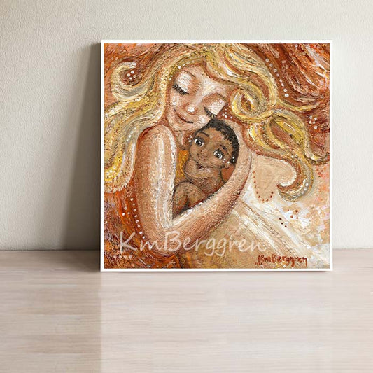 blonde haired white mother cradling a black child with black hair. skin to skin, mother and child dancing, new baby gift, adoption gift, newly adopted child. Biracial child artwork