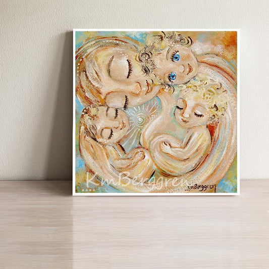 blonde mother with 3 blonde children, curly blonde kids, blue eye, intimate soft tender pastel warm artwork by kmberggren