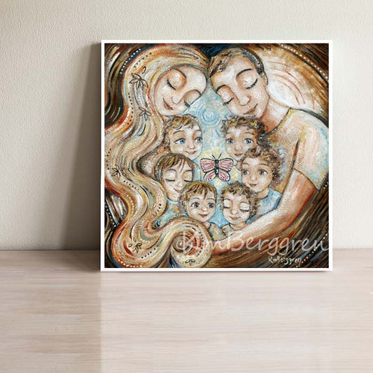 father and mother cuddling six young children, artwork in reds and blues by KmBerggren, 6 kids and parents artwork, painting of blonde long haired mom and 6 kids with father