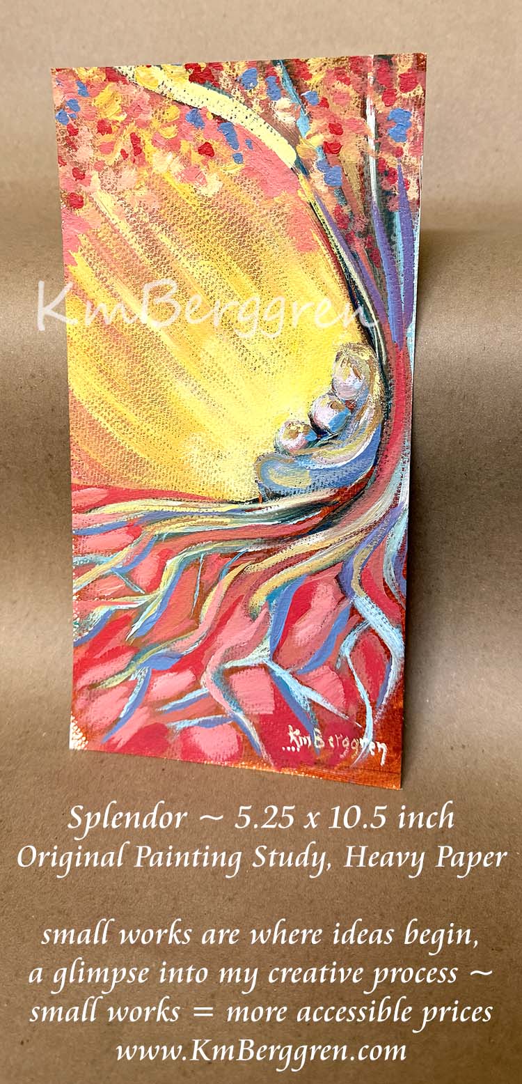 A colorful abstract painting on textured heavy paper, featuring a bright yellow and red sunburst with swirling blue and purple roots and tree branches. Mother and 2 children sitting beneath a tree in the sunset or sunrise, bright yellow and orange sun behind them. kimberggren, katie m. berggren, kmberggren artwork