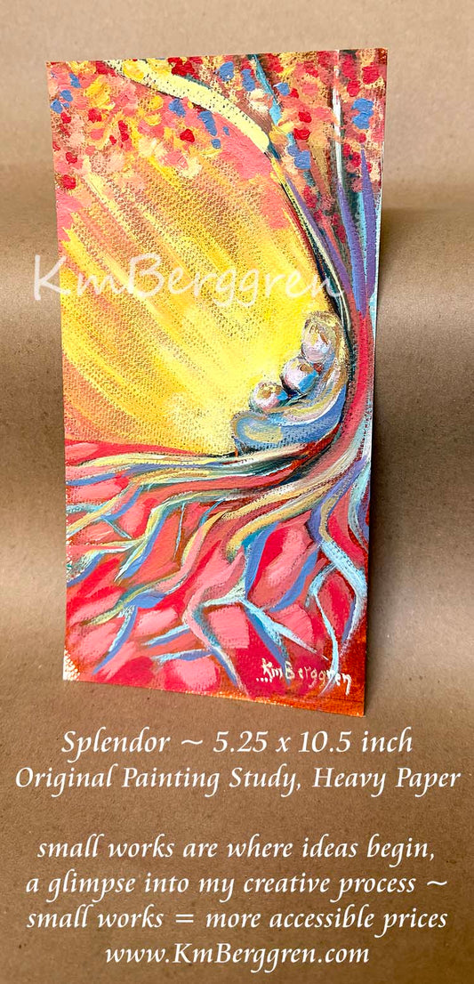 A colorful abstract painting on textured heavy paper, featuring a bright yellow and red sunburst with swirling blue and purple roots and tree branches. Mother and 2 children sitting beneath a tree in the sunset or sunrise, bright yellow and orange sun behind them. kimberggren, katie m. berggren, kmberggren artwork