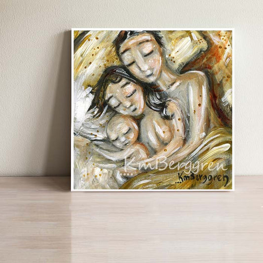 mother and father sleeping with bald baby in yellow bed artwork