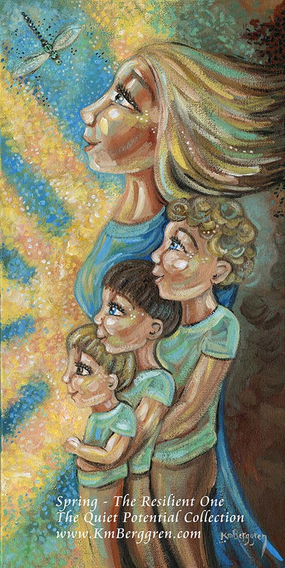 Illustration of a woman with 3 sons children against a colorful sunny background with dragonfly and blue sky, artwork by KmBerggren