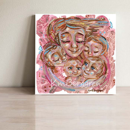 warm art of mother and child, back view mom and son looking out at forest, pink magenta red forest artwork, blonde mother and child art for mother's day