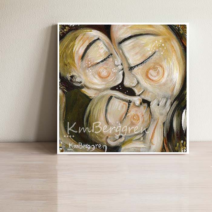 yellow art print of mama kissing the faces of two babies, twin boys and mama, mother of 2, brothers and mama, big brother and baby kissing mother