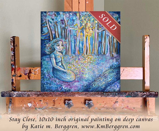 woman sitting casually in the grass next to a stream and forest - with a bright orange and yellow glow coming through the trees. Remembrance artwork for women, thoughful inspiring art for girls, emotional woman loss painting by kmberggren, katie berggren
