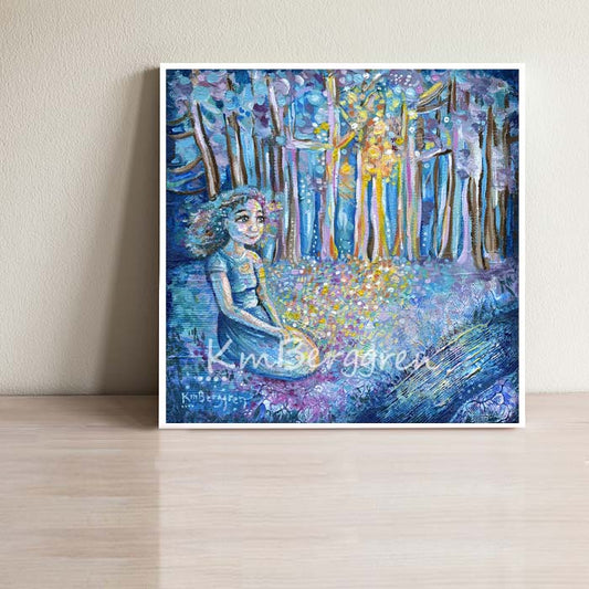 woman sitting casually in the grass next to a stream and forest - with a bright orange and yellow glow coming through the trees. Remembrance artwork for women, thoughful inspiring art for girls, emotional woman loss art print by kmberggren, katie berggren