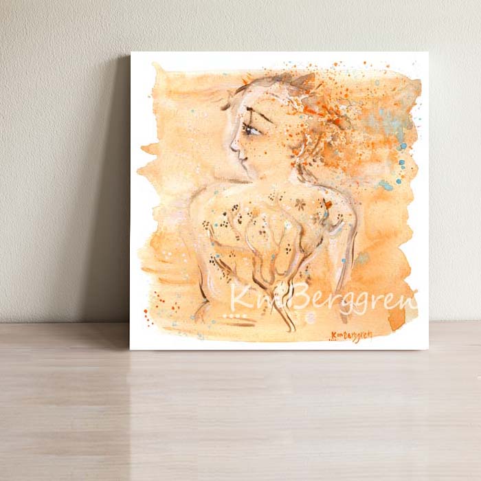 profile orange woman art, confident lone woman, single woman gift, tree growing on woman skin, tree tattoo, woman's back art, water paint print of woman, nude woman art, warm art of women