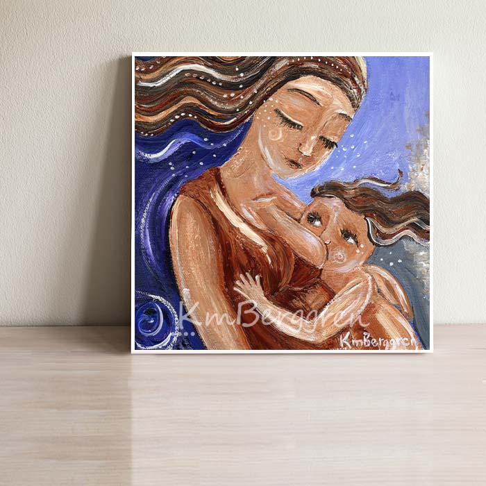 long brown haired mother nursing long brown haired older daughter with purple blue background, full-term breastfeeding, nursing older child, nursing toddler, late weaning, child-directed weaning