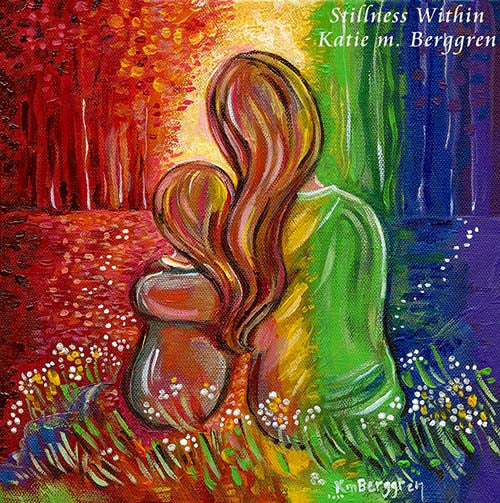 vibrant and vivid mother and daughter sitting together in a rainbow forest with grass and daisies, bright and happy positive uplifting artwork for mom