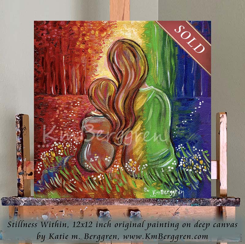 vibrant and vivid mother and daughter sitting together in a rainbow forest with grass and daisies, bright and happy positive uplifting artwork for mom