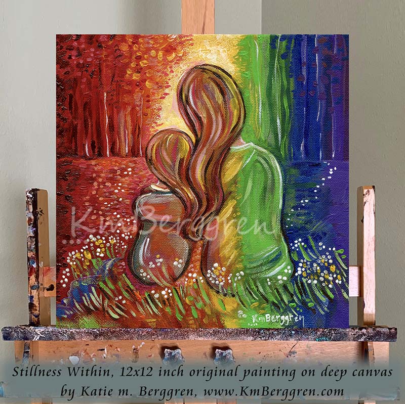 vibrant and vivid mother and daughter sitting together in a rainbow forest with grass and daisies, bright and happy positive uplifting artwork for mom