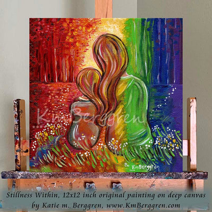 vibrant and vivid mother and daughter sitting together in a rainbow forest with grass and daisies, bright and happy positive uplifting artwork for mom