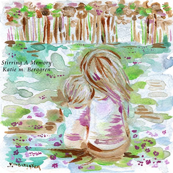 mother and child looking out at the forest, back view of mother and child, tree painting, mother and child in nature painting, wall decor for child's room