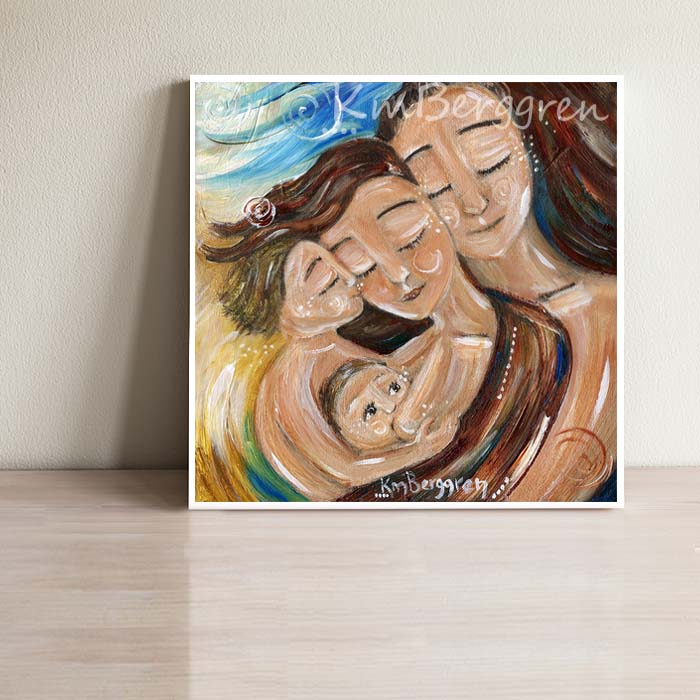 breastfeeding family art print with mother father and two children, red haired mom, blonde older son and nursing baby, primary colors motherhood artwork by kmberggren