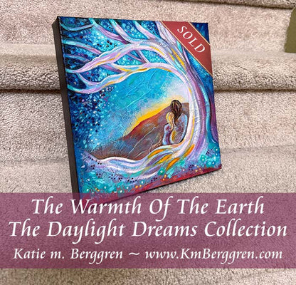 mother and daughter sitting against a purple tree watching an orange and red sunset with blue sky and leaves by kmberggren, kimberggren, katie m berggren, mother and child artwork, mommy daughter painting